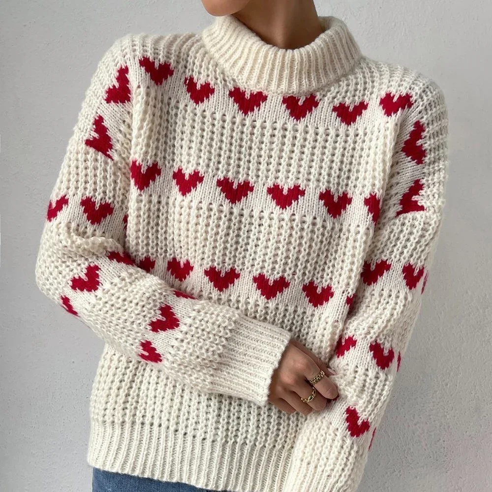 White Beige Casual Womens Heart Pattern Drop Shoulder Sweater - Picture 3 of 5